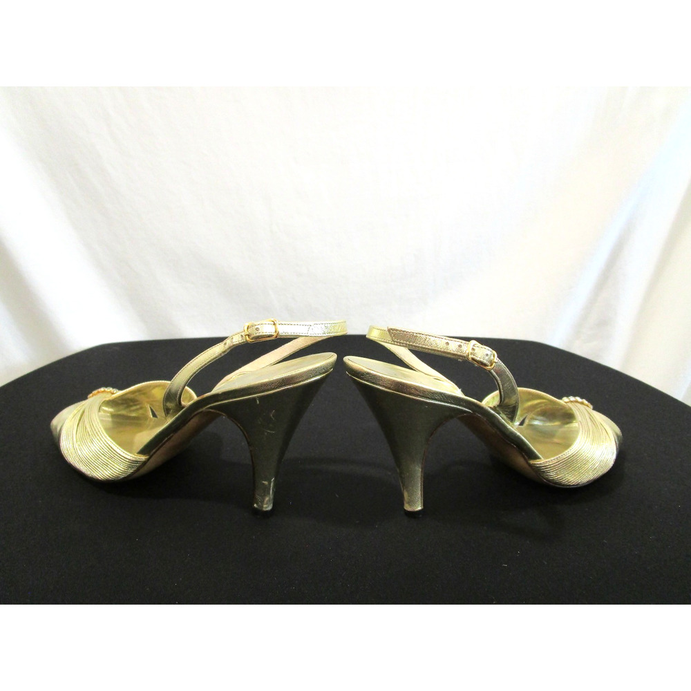 Vintage Bruno Magli Italy Gold Leather Rhinestone Slingback Heels, Women 6.5 B - Picture 9 of 11
